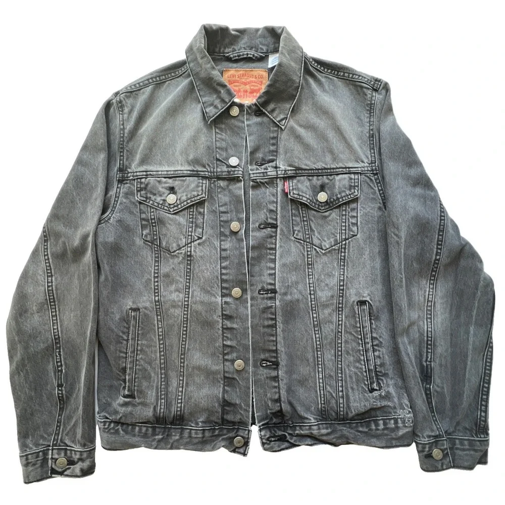 Levis Trucker Jacket Mens L Faded Gray Black Cotton Denim Distressed Workwear